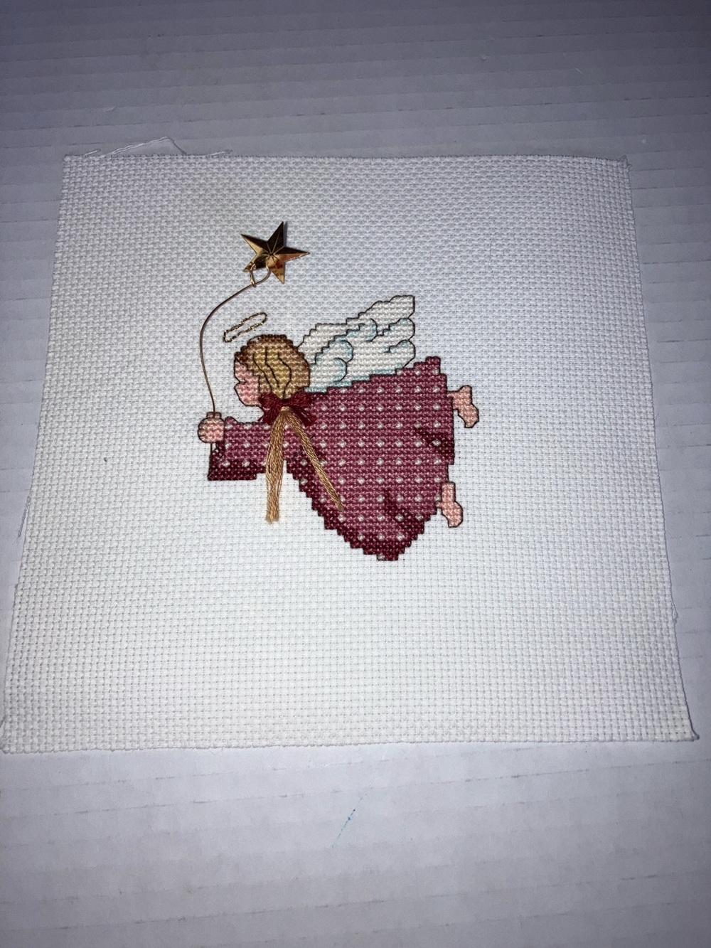 Hand Crafted Cross-stitch Needlepoint Art  Pink Angel with Star 7” square panel
